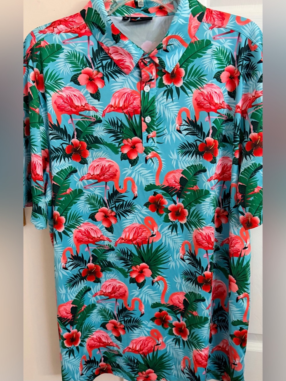 Yatta Golf  Shirt Men’s XLarge Flamingo/Hibiscus Tropical Performance Polo EUC